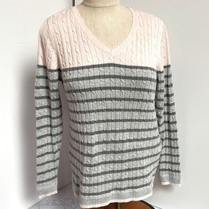 Pink and gray striped cable v-neck sweater